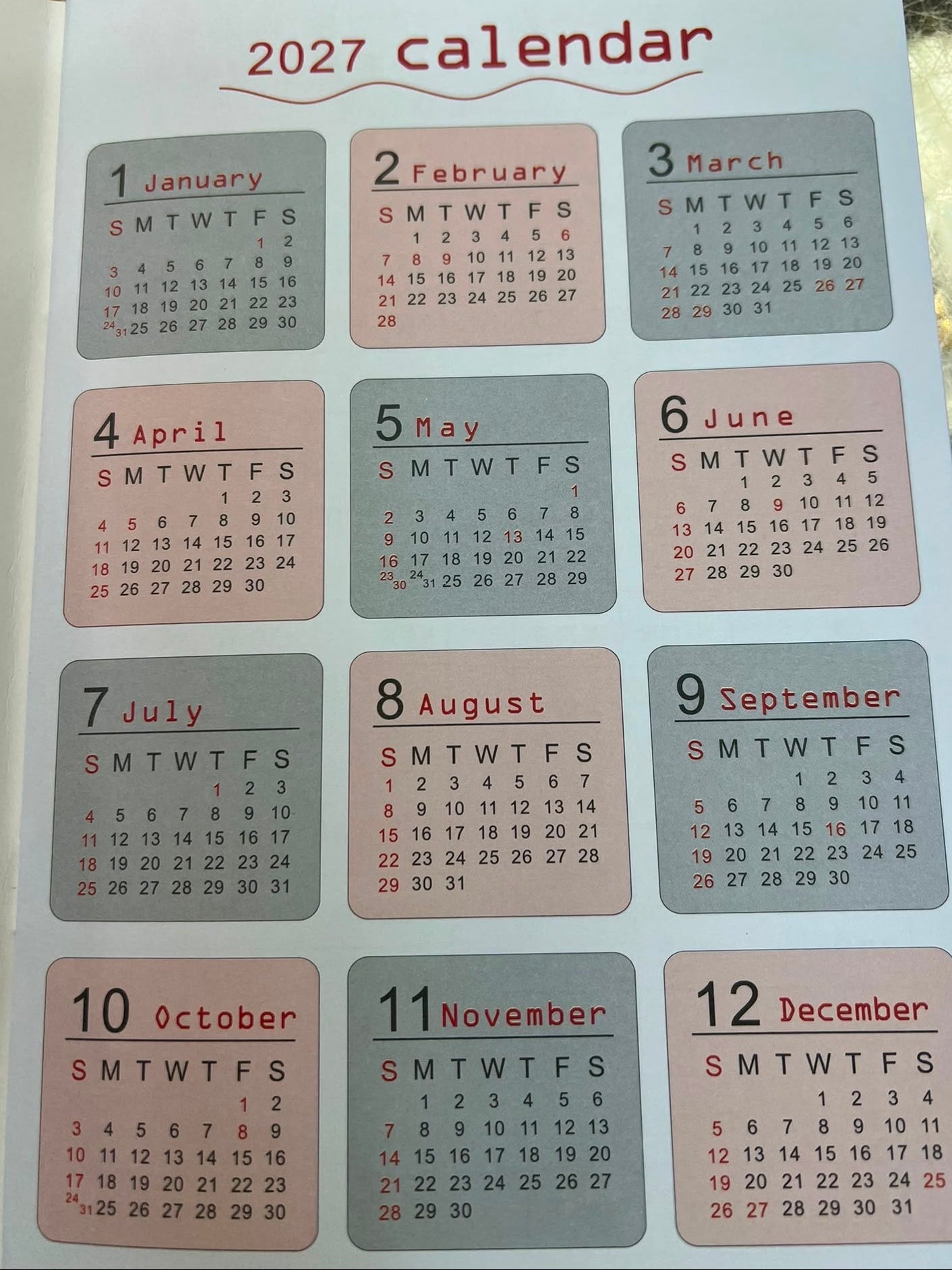 2027 Diary [145x210mm~A5] Date Book 日記簿