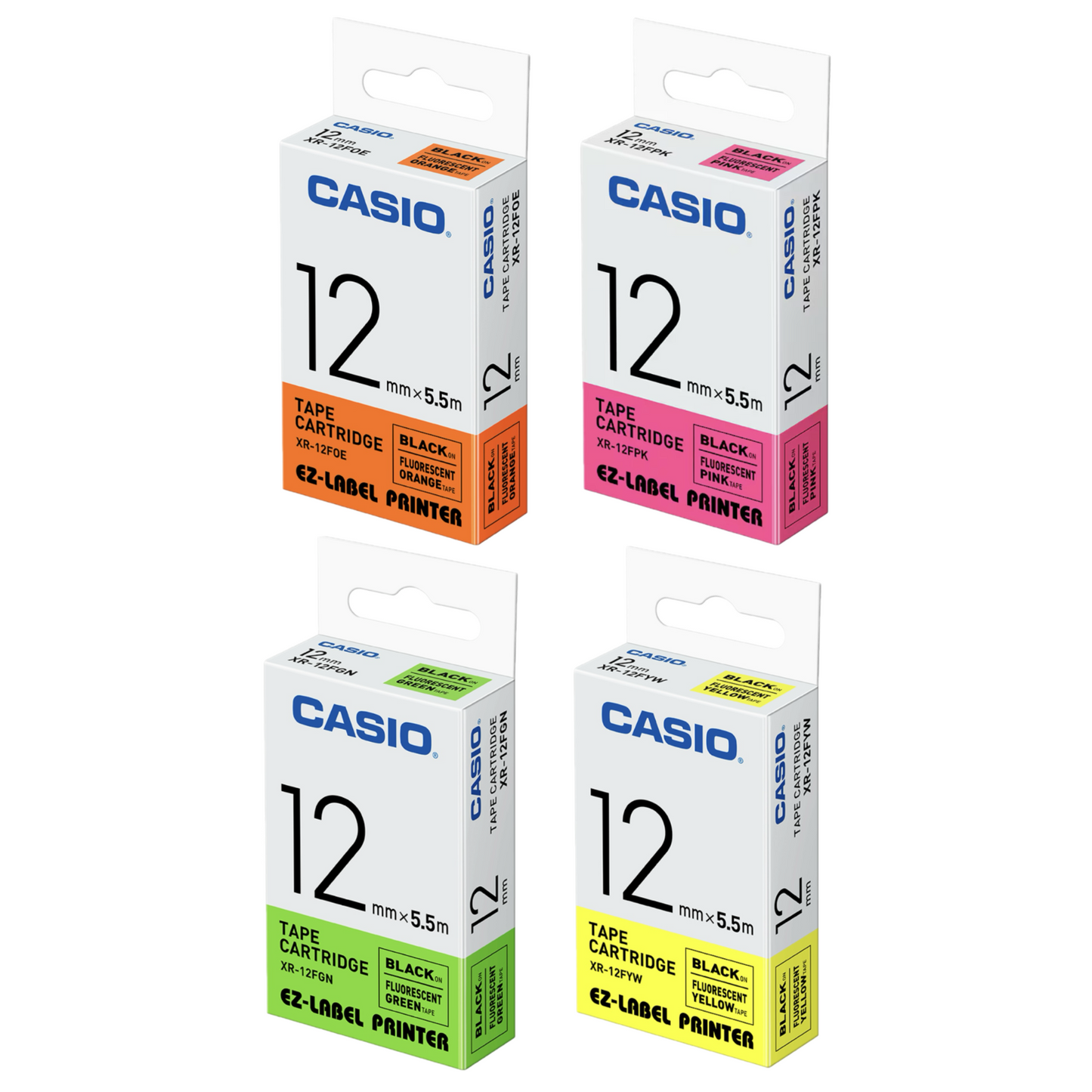 CASIO [XR-12FOE / XR-12FPK / XR-12FGN / XR-12FYW] 12mm x 5.5m 螢光標籤帶 Fluorescent Tape Cartridge