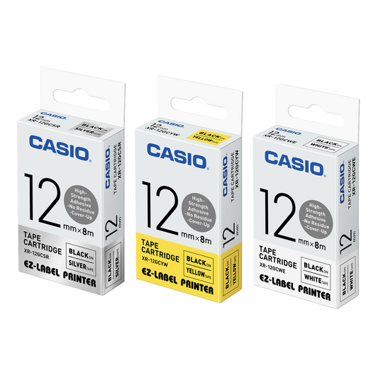 CASIO [XR-12GCSR / XR-12GCYW / XR-12GCWE] 12mm x 8m 特強黏貼標籤帶 High-strength Adhesive Tape Cartridge