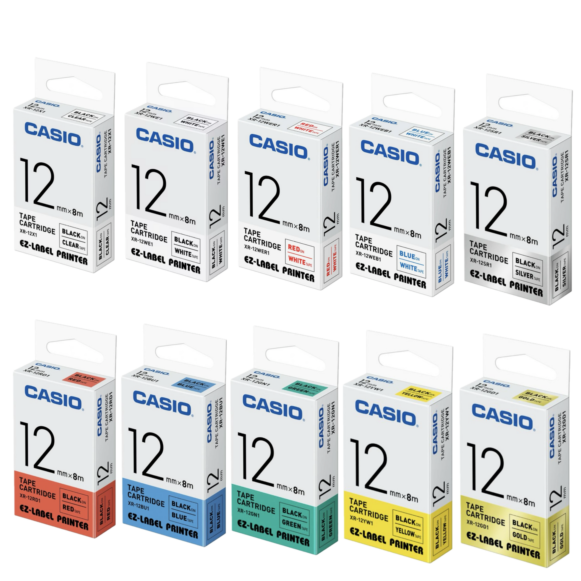 CASIO [XR-12X1 / XR-12WE1 / XR-12WER1 / XR-12WEB1 / XR-12SR1 / XR-12RD1 / XR-12BU1 / XR-12GN1 / XR-12YW1 / XR-12GD1] 12mm x 8m 標籤帶 Tape Cartridge