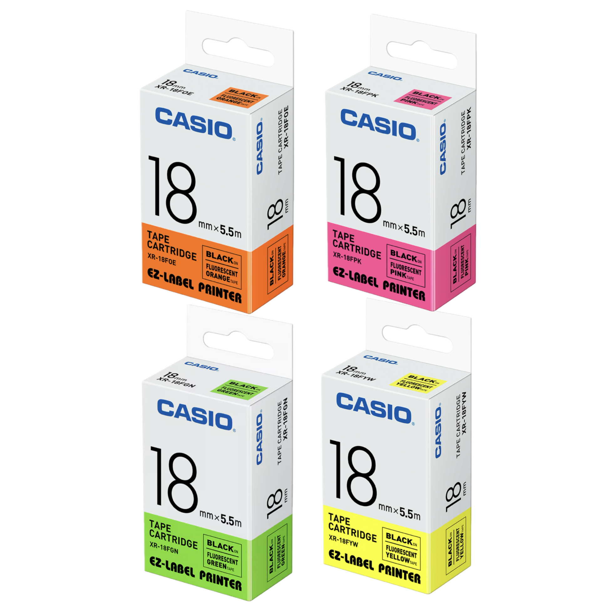 CASIO [XR-18FOE / XR-18FPK / XR-18FGN / XR-18FYW] 18mm x 5.5m 螢光標籤帶 Fluorescent Tape Cartridge