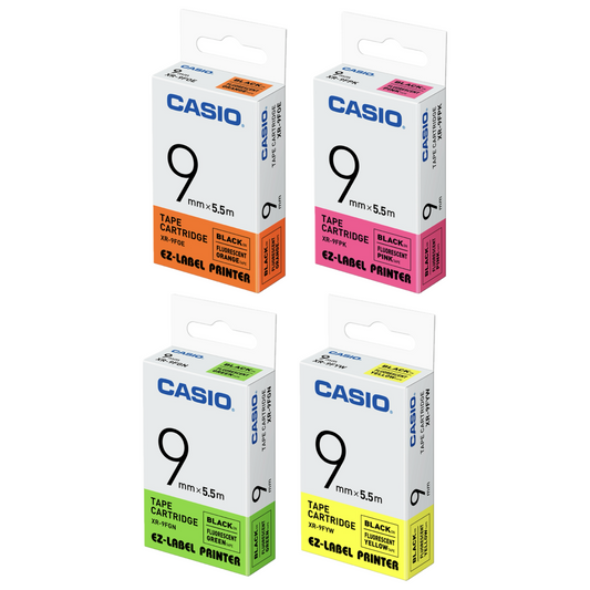 CASIO [XR-9FOE / XR-9FPK / XR-9FGN / XR-9FYW] 9mm x 5.5m 螢光標籤帶 Fluorescent Tape Cartridge