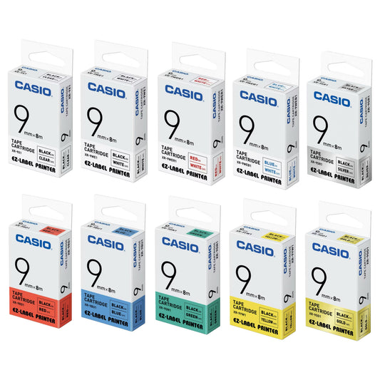 CASIO [XR-9X1 / XR-9WE1 / XR-9WER1 / XR-9WEB1 / XR-9SR1 / XR-9RD1 / XR-9BU1 / XR-9GN1 / XR-9YW1 / XR-9GD1] 9mm x 8m 標籤帶 Tape Cartridge