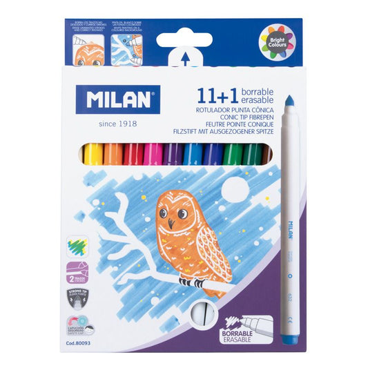 MILAN 11 色纖維水筆 + 1 枝修正筆 Box 11 conical tip erasable fibrepens + 1 eraser fibrepen
